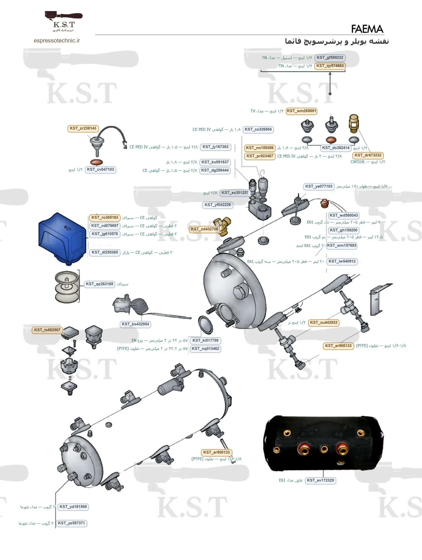 نقشه انفجاری بویلر، پرشرسویچ و شیرهای اطمینان فائما با کد سفارش K.S.T — اسپرسو تکنیک